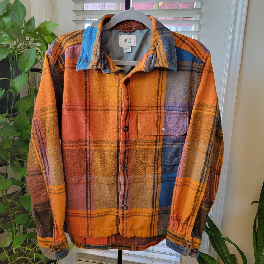 BDG Urban Outfitters Plaid Flannel Shirt Jacket Orange Blue Multi Color Mens M